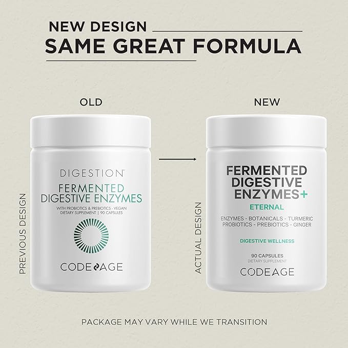 Codeage Fermented Digestive Enzymes Supplement 3-Month Supply - 14 Digestive Enzymes, Probiotics, Prebiotics, Fermented Botanicals, Plant-Based Multi Pancreatic Enzymes - 1 Capsule a Day - 90 Capsules