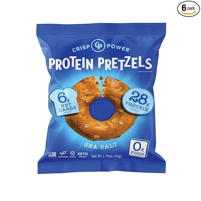 Crisp Power High Protein Pretzel Crisps - 6 Pack x 1.75 oz Crunchy & Flavorful Plant-Based Snack. No Sugar, 28g Protein Per Pack in 3 Savory Flavors, Vegan, Keto Friendly, Non-GMO, Kosher Non-Dairy (1.75 Ounce (Pack of 6), Sea Salt)