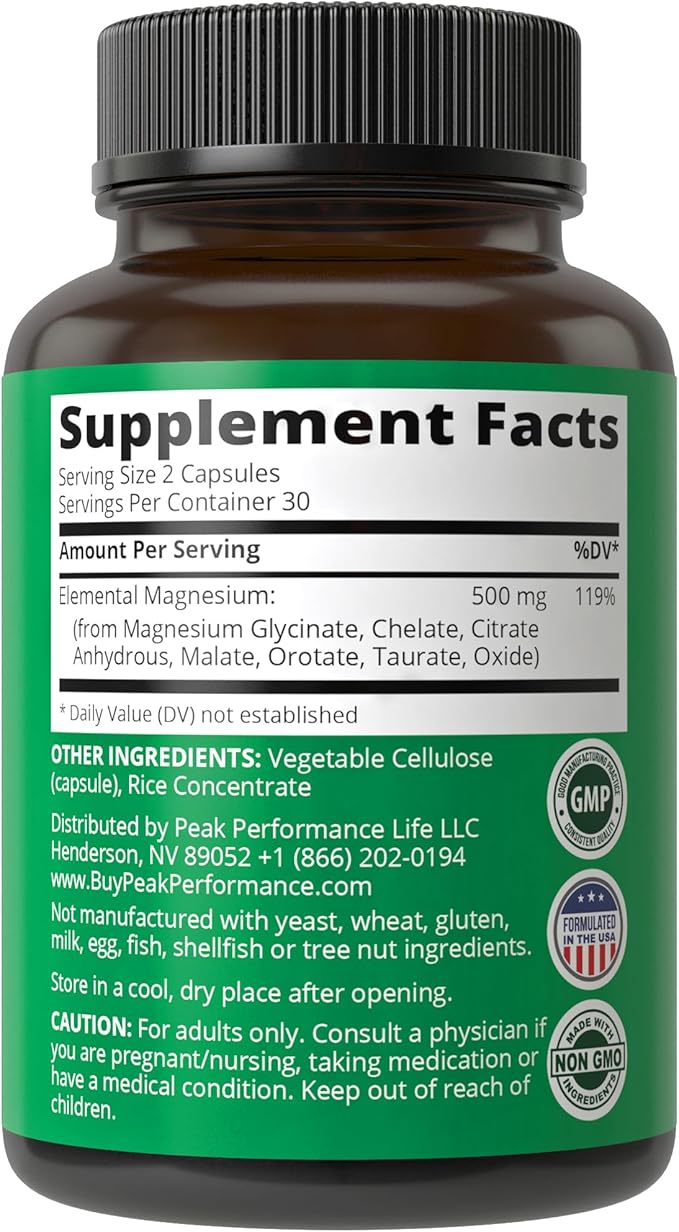 Magnesium Glycinate + Citrate + Malate + Chelate + Orotate + Taurate + Oxide. 7 Forms of Magnesium Complex. 500mg Supplement Capsules for Women & Men. 2 Pills for Sleep, Leg Cramps, Muscles