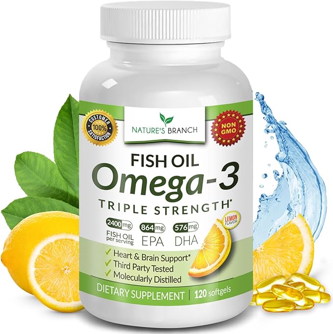 Best Triple Strength Omega 3 Fish Oil Pills 2400mg | 120 Capsules | Burpless High Potency Lemon Flavor | 864mg EPA 576mg DHA Ultra Pure Liquid Softgels | Brain Joints Eyes Hair Heart Health Supplement