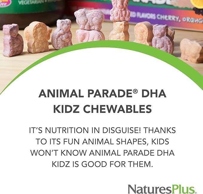 Natures Plus Animal Parade DHA Children's Chewables - Natural Cherry Flavor - 90 Chewable Animal-Shaped Tablets - Omega 3 Fatty Acid Supplement - Gluten Free - 30 Servings