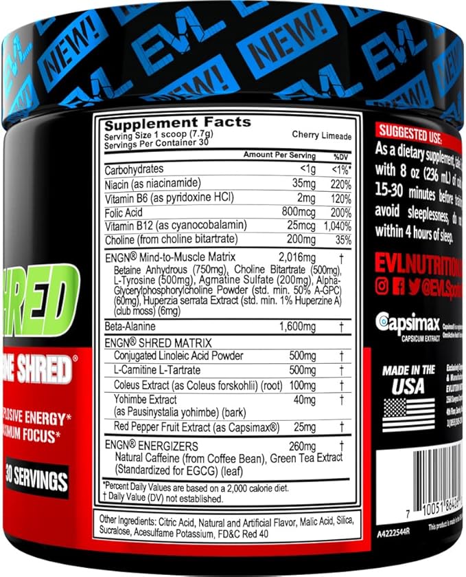 EVL Ultimate Pre Workout Powder - Thermogenic Fat Burner Preworkout Powder Drink for Lasting Energy Focus and Stamina - ENGN Shred Intense Fat Burning Creatine Free Preworkout Drink - Cherry Limeade