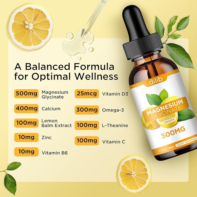 Magnesium Glycinate Supplement, Magnesium Glycinate Liquid Drops 500mg with Calcium, Zinc, Vitamin B6, D3, L-Theanine, Omega 3 for Sleep, Mood, Stress Relief, Bone, Muscle, Lemon Flavor