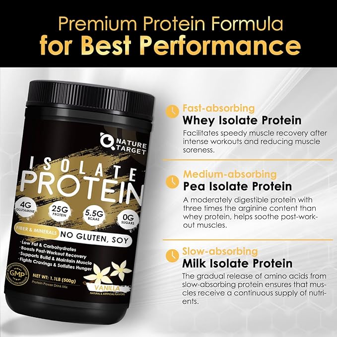 NATURE TARGET Isolate Whey Protein Powder Vanilla, 25g Protein Low Carb Sugar-Free & Gluten-Free, 5.5g BCAAs, Rich in Fibers & Minerals, 1.1 Pound, 16 Servings