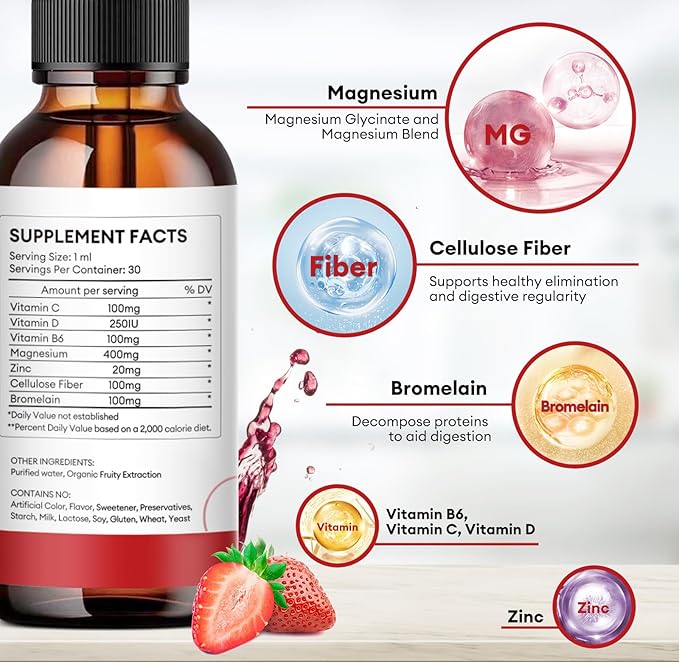 (3 Pack) Magnesium Glycinate Liquid Drops, High Absorption Magnesium Liquid with Bromelain, Vitamin B6 C D, Magnesium Supplement for Kids and Adults, Night & Muscle Support, Strawberry Flavor