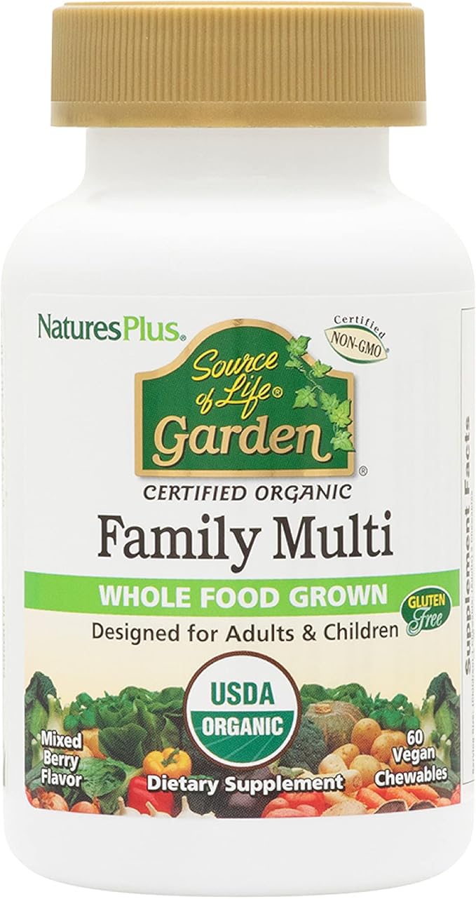 Natures Plus Source of Life Garden Certified Organic Family Chewable Multivitamin - 60 Vegan Chewables - Mixed Berry Flavor - for Adults & Children - Vegetarian, Gluten-Free - 30-60 Servings