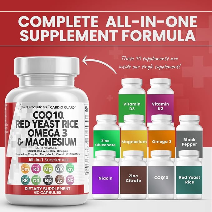 Clean Nutraceuticals COQ10 Red Yeast Rice Omega 3 Magnesium Complex Niacin Zinc Vitamin K2 D3 - Heart Support Vitamins for Women & Men w/Vitamin B3, Coenzyme Q10-60 Ct