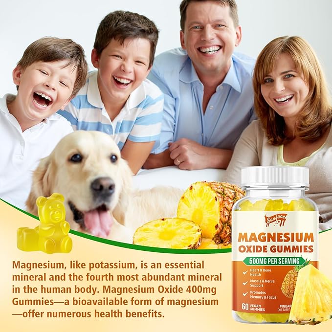2 Pack Magnesium Oxide 500mg Gummies for Adults & Kids, Supports Nerve Muscle & Bone Health, Vegan Non-GMO Dietary Supplement with Pineapple Flavor, 120 Gummies