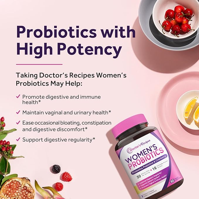 Doctor's Recipes Women's Probiotics, 50 Billion CFU 16 Strains, with Organic Prebiotics Cranberry, Shelf Stable, Delayed Release, 120 Capsules (Pack of 2), 60 Day Supply