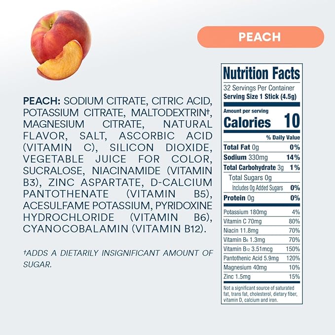 DripDrop Hydration - Zero Sugar Peach - Electrolyte Drink Mix Single Serve Hydration Powder Packets | Non-GMO, Gluten Free, Vegan | 32 Sticks