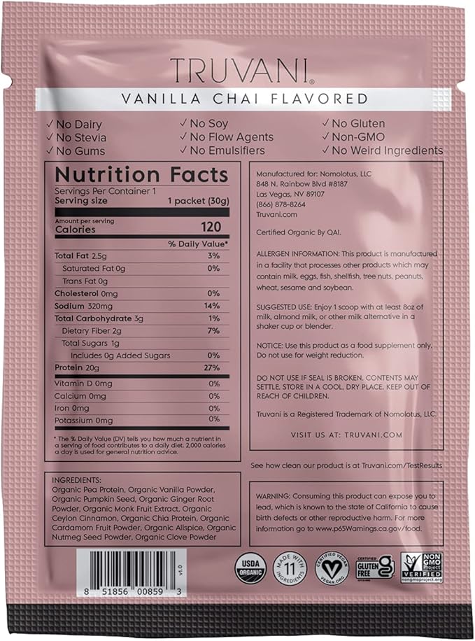 Truvani Vegan Pea Protein Powder | Vanilla Chai | 20g Organic Plant Based Protein | 1 Serving | Keto | Gluten & Dairy Free | Low Carb | No Added Sugar