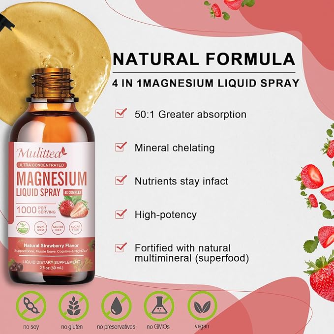 Magnesium Glycinate Liquid Spray with Citrate, Oxide & Malate, Magnesium with Whole Vitamin, L-Theanine, D3K2, B6 for Heart, Leg Cramps,Muscles&Energy- Sugar-Free Strawberry Flavor, 2 Fl Oz