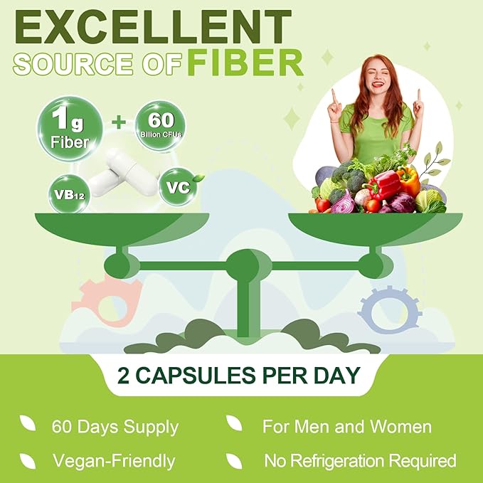 Probiotics for Women Digestive Health with Prebiotic Fiber - Fiber Supplement with 60 Billion Probiotic for Regularity & Gut Cleanse - Supports Occasional Constipation - 110 Veggie Capsules