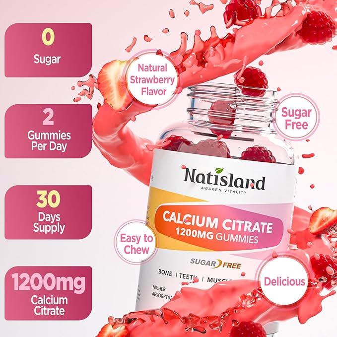 Calcium Citrate Gummies 1200 mg, Chewable Calcium Supplements for Women & Men with Vitamin D3, K2, Magnesium, Zinc, Potassium, Boron, Sugar-Free, Vegan, Immune & Bone Support, 60 Gummies