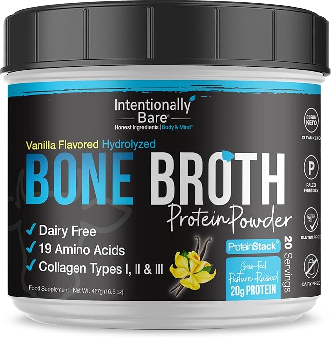 Intentionally Bare Bone Broth Organic Protein Powder Vanilla - Grass Fed Vanilla Protein with Collagen Types 1 2 & 3 - Keto Collagen Powder - Vanilla Collagen Powder for Joints & Gut - 20 Servings