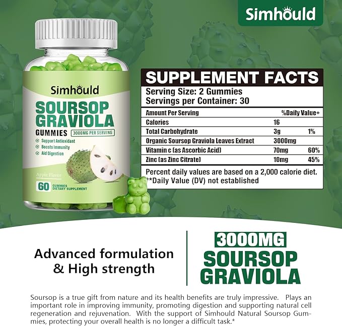 2 Pack Soursop Graviola Gummies - 3000mg Extra Strength Soursop Leaves Supplement with Vitamin C, Zinc - Digestive Aid, Immune Support & Antioxidant - Sugar-Free, Non-GMO, Vegan, 120 Counts