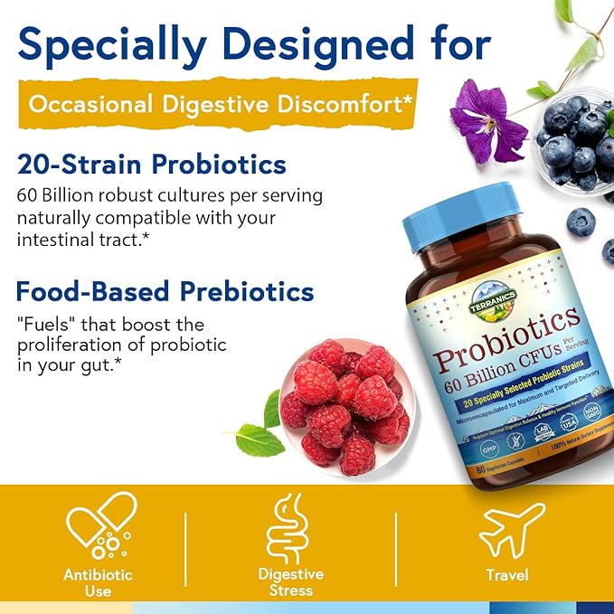 Terranics Probiotics 60 Billion CFU, 20 Strains, 60 Veg Capsules, Prebiotics & Probiotics, Shelf Stable Probiotic Supplement for Men & Women, Digestive & Immune Health, Non-GMO, NO Soy, Dairy & Gluten
