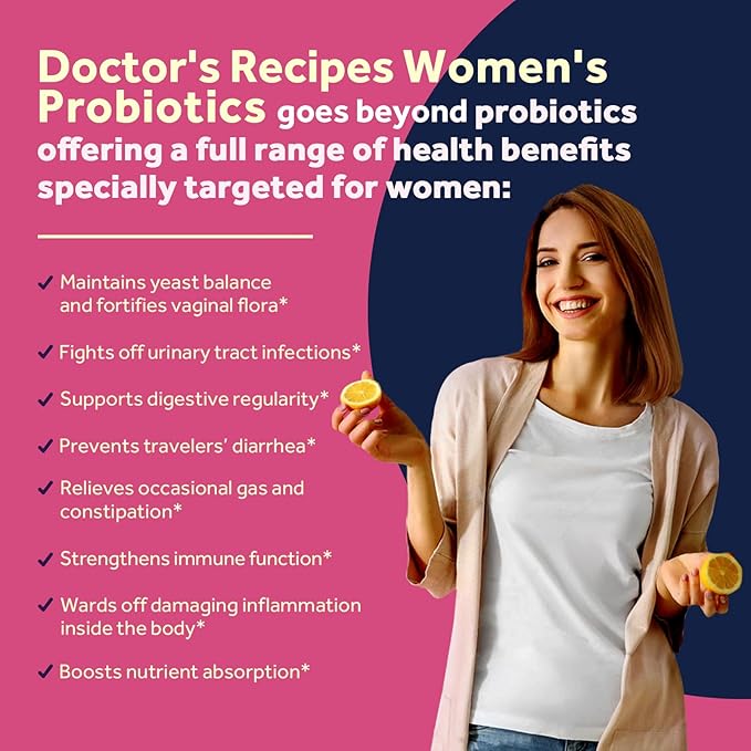 Doctor's Recipes Probiotics for Women, 100 Billion CFU 32 Strains, with Prebiotic Fiber, Enzymes & Cranberry, Vaginal Urinary Digestive & Immune, No Yeast, Shelf Stable, Delayed Release, 60 Caps