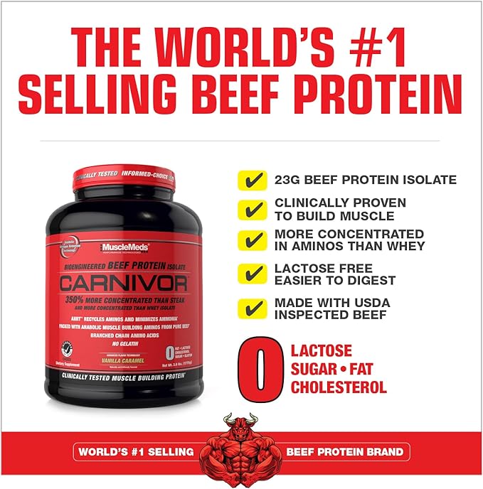 MuscleMeds Carnivor Bioengineered Beef Protein Isolate, Vanilla Caramel, 3.9 Pound