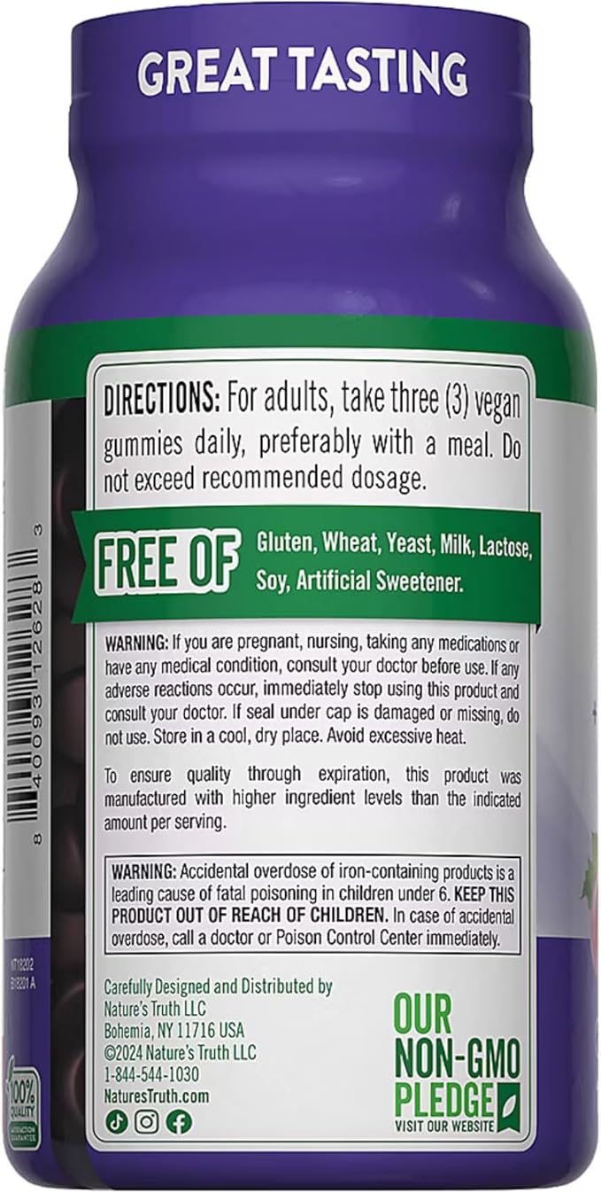 InfiniStore™ Medicine Pouch, Moist Towelette & Plastic Gloves Made for Nature Truth Essential Iron Gummies + B-Vitamins, Zinc, 120 Count, Natural Grape Flavor - Non-GMO, Gluten Free, Vegan
