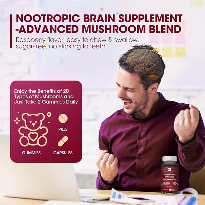 Super Mushroom Complex Gummies, 20-IN-1 Lion's Mane Supplement Gummies - Mushroom Supplement with Cordyceps, Reishi etc, Support for Brain Health, Focus & Clarity, Non-GMO,Raspberry Flavor,60 Gummies