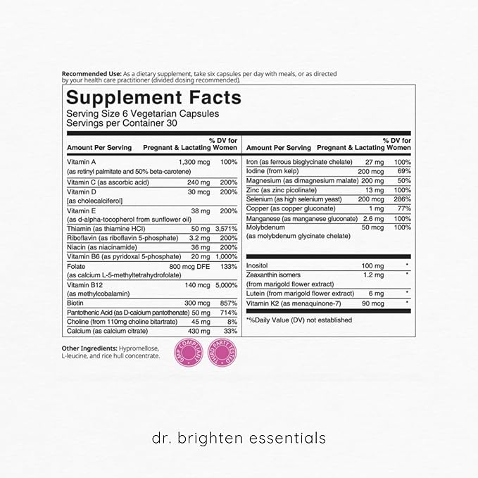 Dr. Brighten Prenatal Plus - Women’s Formulation, Active B Vitamins, Minerals, Antioxidants for Pregnant or Nursing Mothers, Non-GMO Vegan, No Gluten, No Soy - 180 Capsules