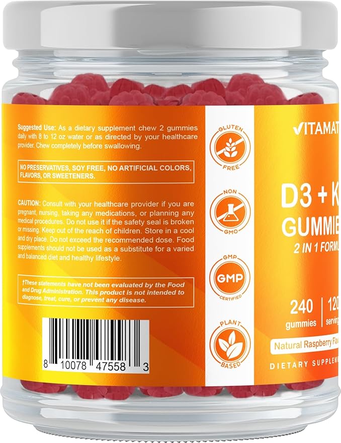 Vitamatic Vitamin D3 K2 with Calcium Gummies - 240 Count - Non-GMO, Gluten Free