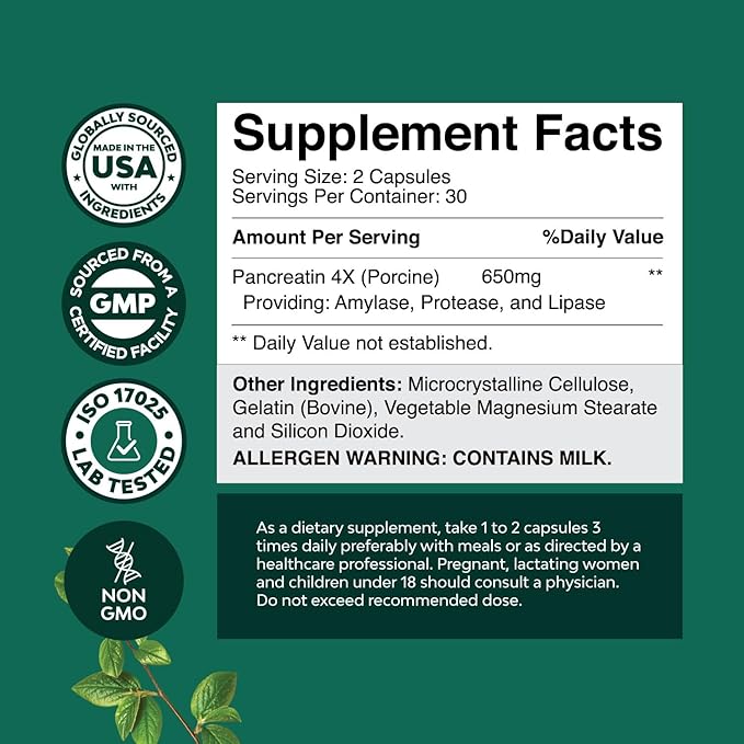 Pancreatin Digestive Enzymes for Digestive Health - Pancreatic Enzymes for Humans with Fat Carb and Protein Digestive Enzymes for Women and Men - Protease Amylase & Lipase Enzymes for Digestion - 60ct