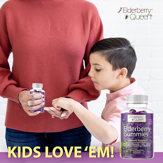 Elderberry Queen Organic Elderberry Gummies 60 ct - Immune Support Gummies with Vitamin C & Zinc - Elderberry Vitamin Gummies for Adults and Kids