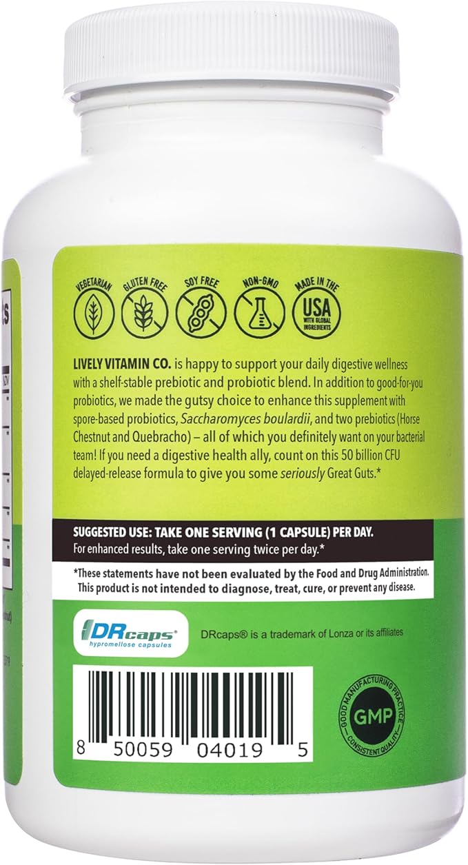 LIVELY VITAMIN CO. Great Guts Probiotic 50 Billion CFU Probiotic - Balance Gut Microbiome, GI Tract, Inflammation, Indigestion, Reflux, Upset Stomach, & Diarrhea - 90 Caps