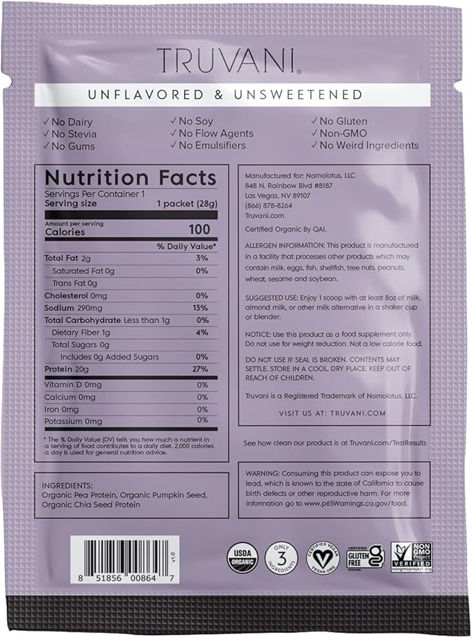 Truvani Vegan Pea Protein Powder | Unflavored | 20g Organic Plant Based Protein | 1 Serving | Keto | Gluten & Dairy Free | Low Carb | No Added Sugar