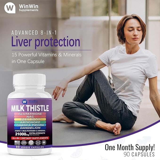 Milk Thistle Supplement 15000mg Organic Artichoke Chanca Piedra Dandelion Liver Protection Supplement Contains Glutathione NAC Beetroot Powder D3&K2 vitamins Mineral (29-IN-1)Made In USA