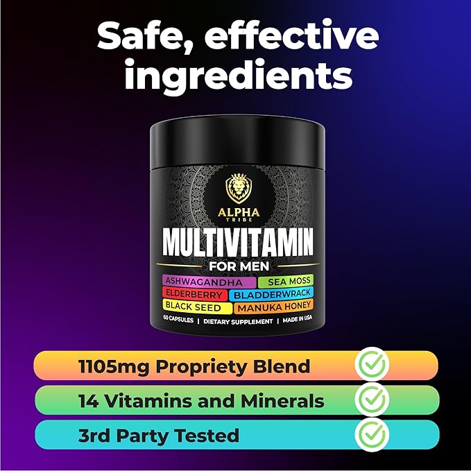 Alpha Tribe Multivitamin for Men with Seamoss Black Seed Oil Ashwagandha Burdock Root, Turmeric Bladderwrack, Vitamin C, Elderberry, Manuka, Yellow Dock | Daily Men's Vitamins and Minerals Supplement
