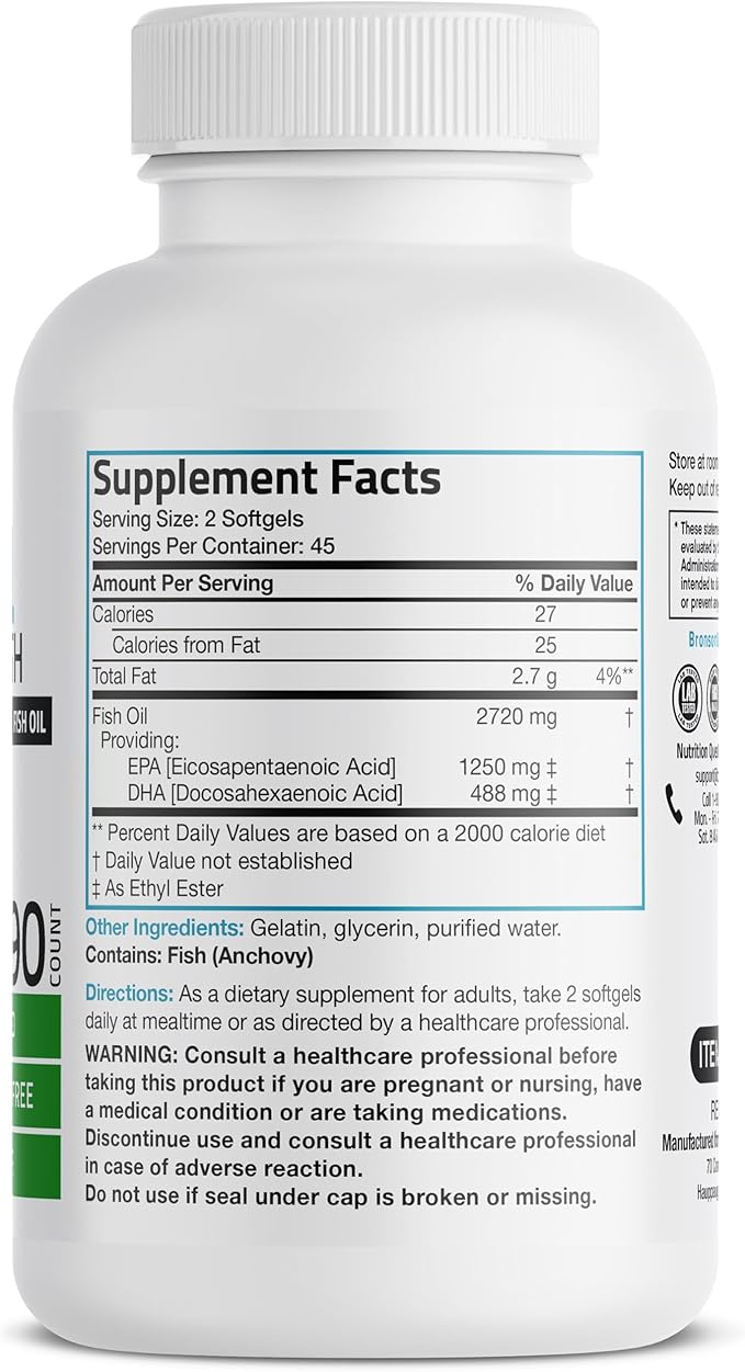 Bronson Omega 3 Fish Oil Triple Strength 2720 mg, High EPA 1250 mg DHA 488 mg, Non-GMO Heavy Metal Tested, 90 Softgels