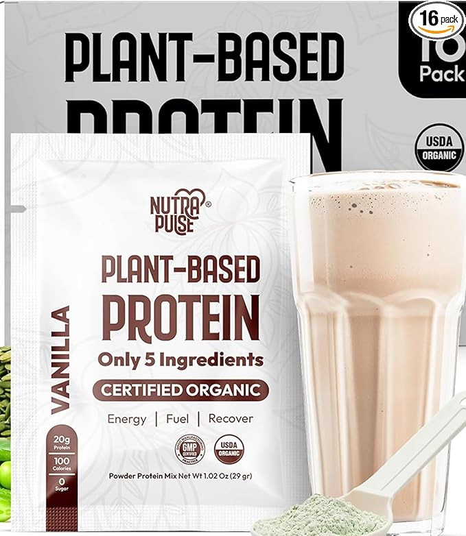 Organic Vegan Protein Powder | 20g Plant-Based Protein, Gluten-Free, Dairy-Free, Non-GMO | Vanilla Flavor | Perfect for Smoothies, Shakes, Muscle Recovery & Meal Replacement | 16 Packets