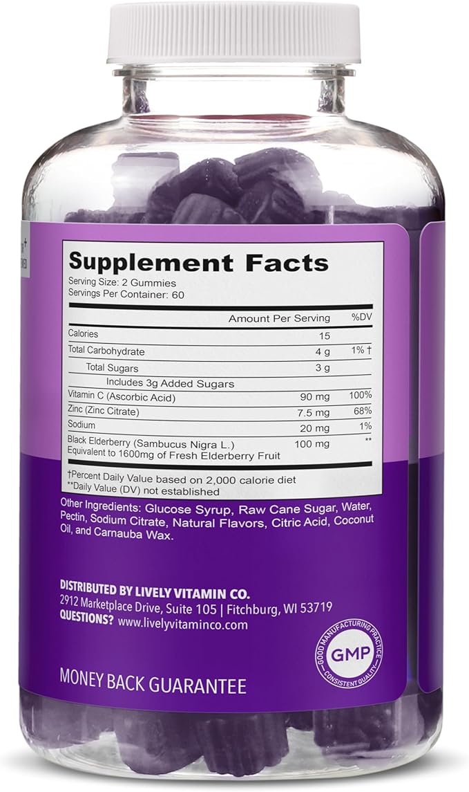 LIVELY VITAMIN CO. Elderberry Burst Gummies for Kids & Adults - Boosts Immune Health - Helps Avoid Colds & Illness - Black Elderberry, Vitamin C & Zinc - 3 Grams of Sugar - No Gelatin - 120 Gummies