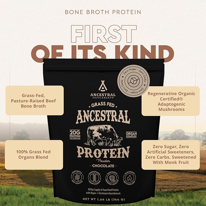 Ancestral Supplements Grass Fed Protein Powder, Chocolate, Beef Bone Broth Based w/Beef Organs & Organic Mushrooms, Gut Health Support, High Protein Supplement, 20g Protein Per Serving, 30 Day Supply
