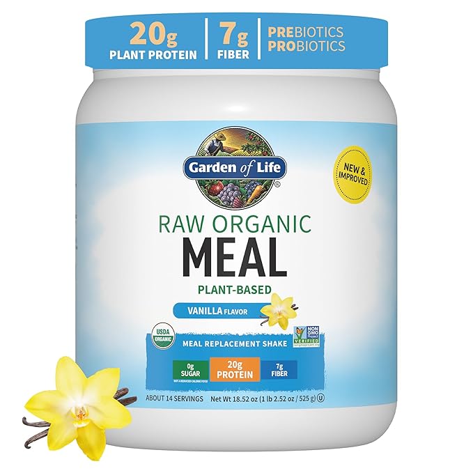 Garden of Life Meal Replacement Shakes, Vegan Protein Powder, Raw Organic Protein Powder, Vanilla Protein Powder with Plant Based Pea Protein, Sprouts, Greens, Probiotics, Dairy Free 14 Servings