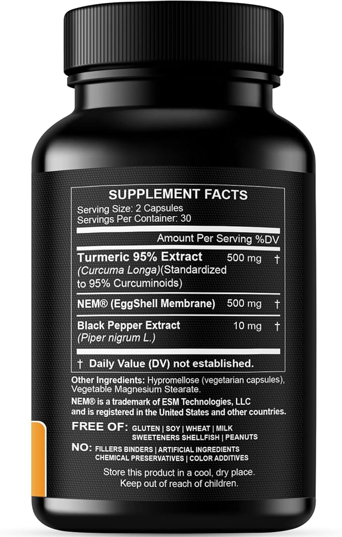 Turmeric Curcumin 95% Extract & Collagen Capsules - NEM Promotes Knee Comfort & Flexibility - Eggshell Membrane w Naturally Occurring Glucosamine Chondroitin Hyaluronic Acid- Made in USA