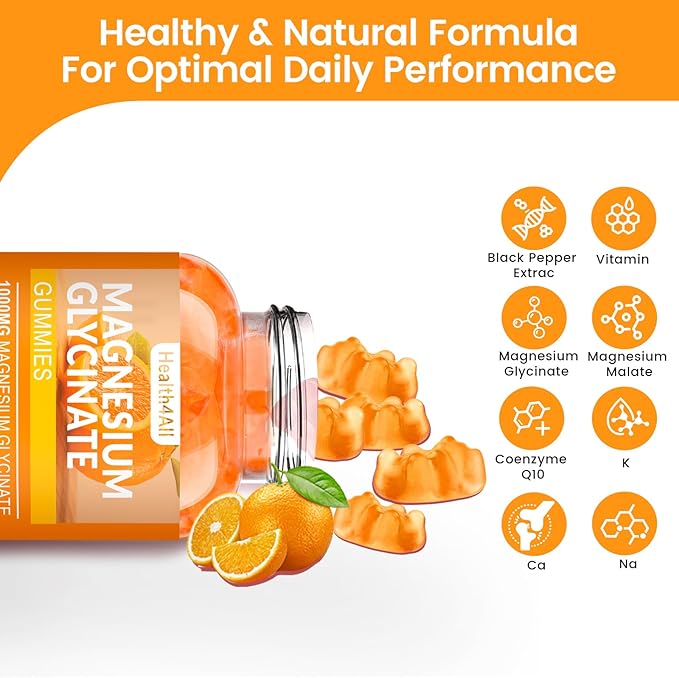 Magnesium Glycinate Gummies 1000mg, High Absorption Sugar Free Magnesium Potassium Supplement for Relaxation, Stress Relief, and Sleep Support for Adults & Kids - 90 Orange Gummies