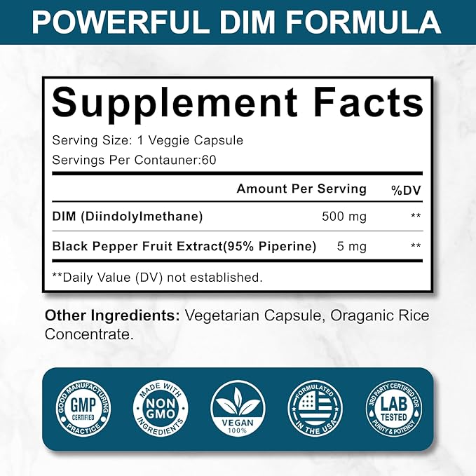 DIM 500MG Supplement Ultra Formula – Hormone Metabolism & Estrogen Balance Support for Women & Men – Diindolylmethane with Black Pepper Extract for Maximum Absorption – Vegan & Soy-Free – 60 Capsules