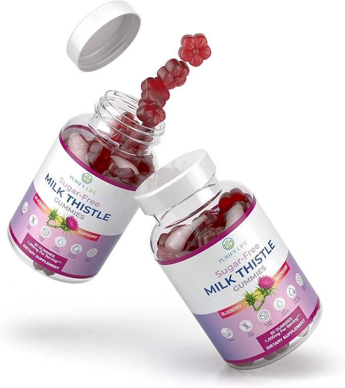 Purify Life Sugar-Free Milk Thistle Gummies for Liver Cleanse, Detox & Cell Repair (1000mg/serv) Cardo Mariano, Milk Thistle Extract & Antioxidant Support, Vegan, Replaces Pills & Capsules
