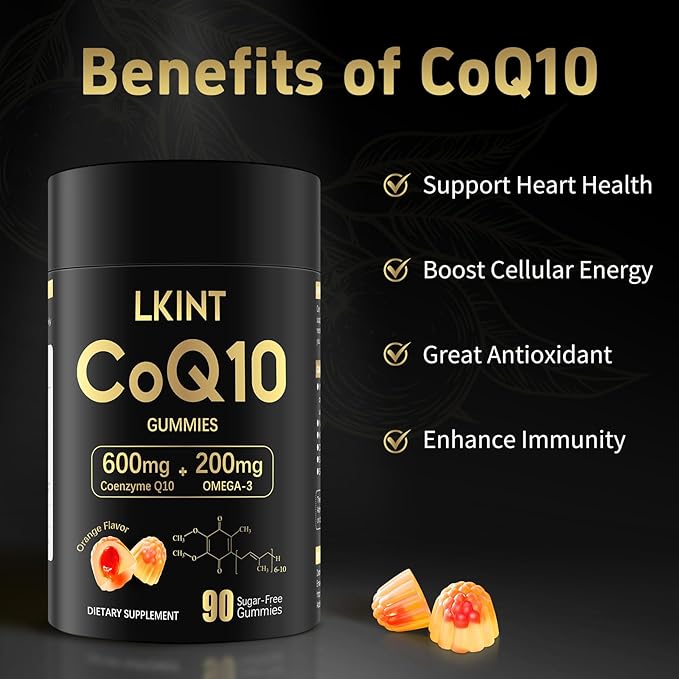 CoQ10 Gummies, Co Q 10 Supplement Sugar Free, Cq10 600mg with Omega 3 & Vitamin E, High Absorption Coenzyme Q10 Gummies for Heart Heathy, Energy & Antioxidant Support, Orange Flavor, 90 Count