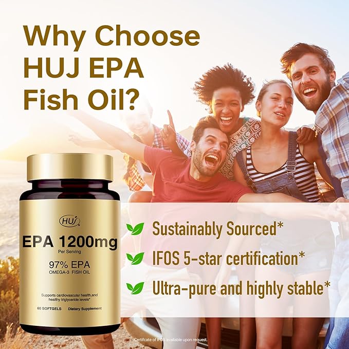 HUJ 97% EPA Omega-3 Fish Oil - 1200mg EPA Fish Oil, Wild-Caught, Sustainably Sourced - Suppprts Cardiovascular Health & Healthy Triglyceride lewels* - 60 Softgels
