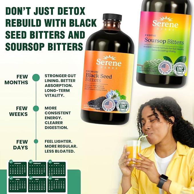 Soursop & Black Seed Bitters Bundle – Organic Herbal Detox for Digestive Support & Immune Health by Serene Herbs – Non-GMO, 32 oz (16 oz Each), 64 Servings