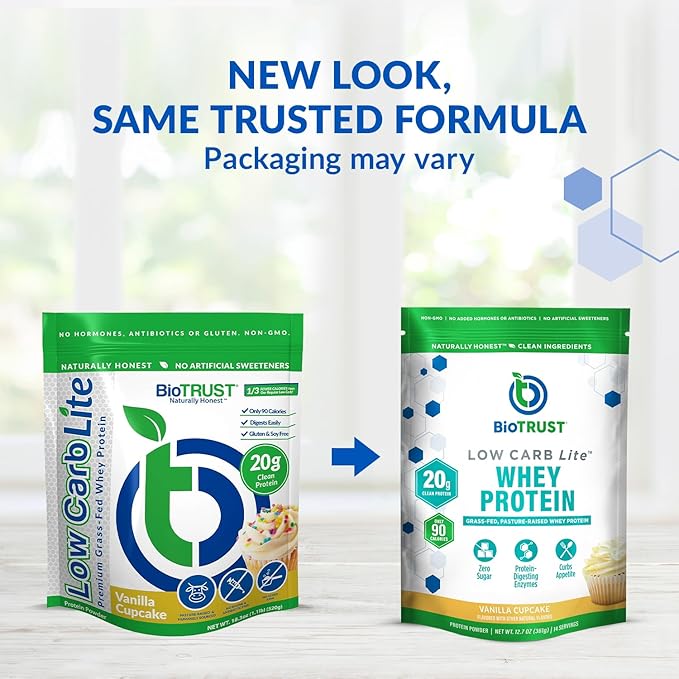 BioTrust Low Carb Lite, 20 Grams of Grass-Fed Whey Protein Isolate, 100 Calories, ProHydrolase Digestive Enzymes, Non-GMO, Free from Soy and Gluten, rBGH-Free (14 Servings) (Vanilla Cupcake)
