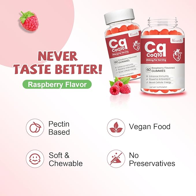 High Absorption CoQ10 Gummies, Plus Omega-3, Vitamin B3 for Brain & Antioxidant, 5X Better Absorption Coenzyme Q10 Supplement, Raspberry Flavored - 60 Cts