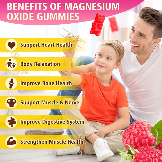 2 Pack Magnesium Oxide Gummies 400mg, Chewable Magnesium Oxide Supplement for Adults & Kids, Nerve & Muscle Support, Vegan, Raspberry Flavor, 120 Count