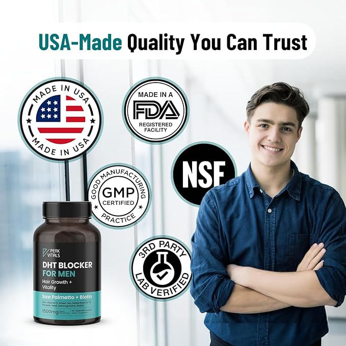 DHT Blocker for Men | Ultra Potent Hair Growth Formula | Saw Palmetto, Biotin, Pumpkin Seed, Herbal Extracts | Natural Hair Loss Supplements | Hair Regrowth Vitamins | Made in The USA | 90 Capsules
