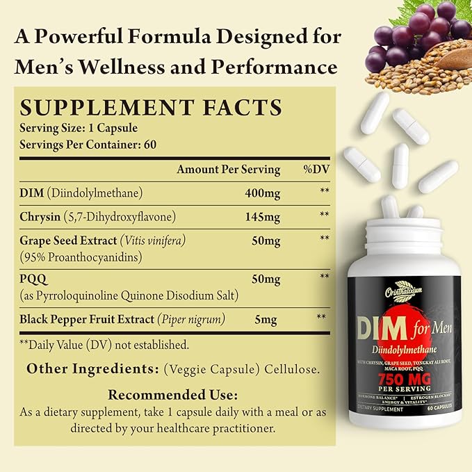 DIM for Men 750MG – Hormone Balance, Estrogen Support for Men, DIM Supplement, Detox, Vitality & Fitness Performance–Chrysin & Black Pepper Extract, 60 Capsules (2 Bottle)